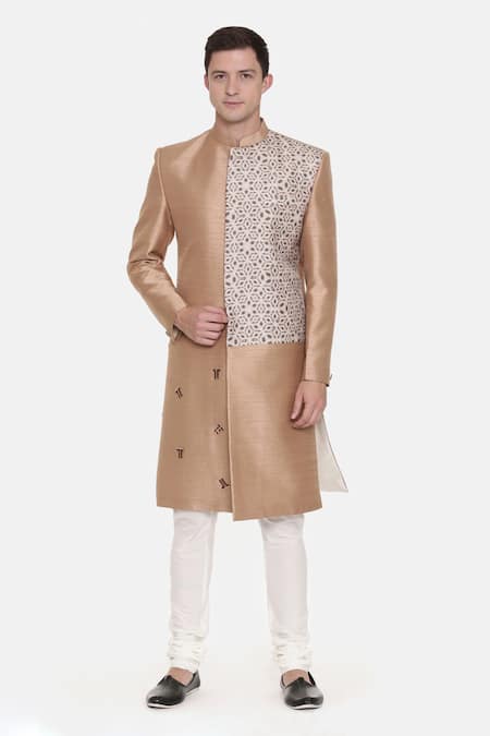 Mayank Modi - Men Gold Silk Slub Printed Geometric Sherwani Set