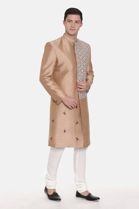 Mayank Modi - Men_Gold Silk, Cotton Embroidery Geometric Print Sherwani Set For Kids_Online_at_Aza_Fashions