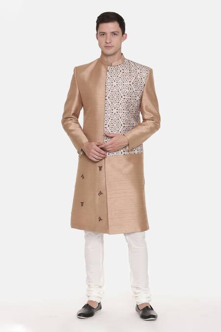 Buy_Mayank Modi - Men_Gold Silk, Cotton Embroidery Geometric Print Sherwani Set For Kids_Online_at_Aza_Fashions