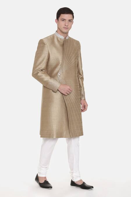 Mayank Modi - Men Gold Silk Slub Striped Embroidered Sherwani Set Online at Aza Fashions Mayank Modi - Men_Gold Silk Slub Striped Embroidered Sherwani Set _Online_at_Aza_Fashions