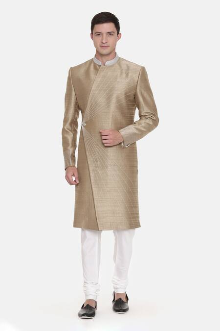Buy Mayank Modi - Men Gold Silk Slub Striped Embroidered Sherwani Set Online at Aza Fashions Buy_Mayank Modi - Men_Gold Silk Slub Striped Embroidered Sherwani Set _Online_at_Aza_Fashions