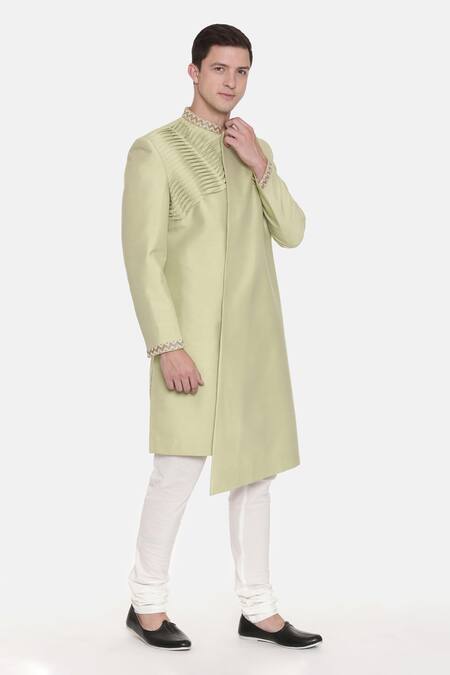 Mayank Modi - Men_Green Silk, Cotton Embroidery Pleated Sherwani Set For Kids_Online_at_Aza_Fashions