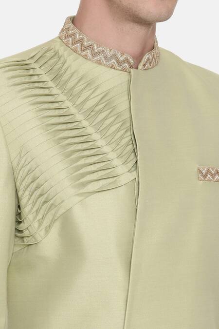Shop_Mayank Modi - Men_Green Silk, Cotton Embroidery Pleated Sherwani Set For Kids_Online_at_Aza_Fashions