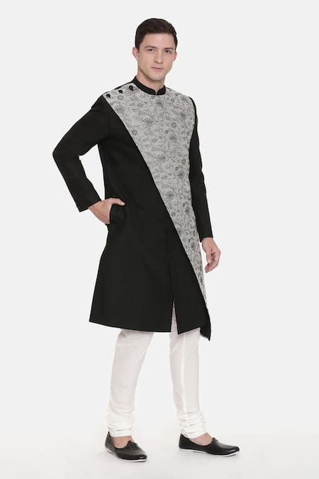 Mayank Modi - Men Black Chanderi, Cotton Embroidery Floral Sherwani Set For Kids Online at Aza Fashions Mayank Modi - Men_Black Chanderi, Cotton Embroidery Floral Sherwani Set For Kids_Online_at_Aza_Fashions