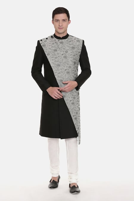 Buy Mayank Modi - Men Black Chanderi, Cotton Embroidery Floral Sherwani Set For Kids Online at Aza Fashions Buy_Mayank Modi - Men_Black Chanderi, Cotton Embroidery Floral Sherwani Set For Kids_Online_at_Aza_Fashions
