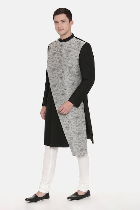 Shop Mayank Modi - Men Black Chanderi, Cotton Embroidery Floral Sherwani Set For Kids Online at Aza Fashions Shop_Mayank Modi - Men_Black Chanderi, Cotton Embroidery Floral Sherwani Set For Kids_Online_at_Aza_Fashions