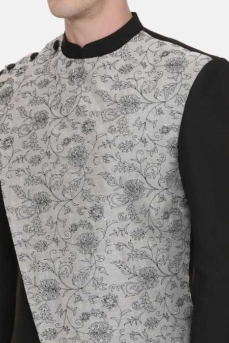 Mayank Modi - Men Black Chanderi, Cotton Embroidery Floral Sherwani Set For Kids at Aza Fashions Mayank Modi - Men_Black Chanderi, Cotton Embroidery Floral Sherwani Set For Kids_at_Aza_Fashions
