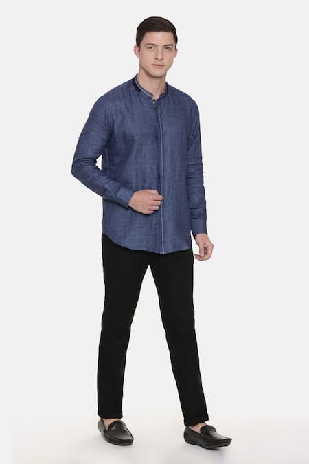 Mayank Modi - Men Blue 100% Linen Plain Shirt 