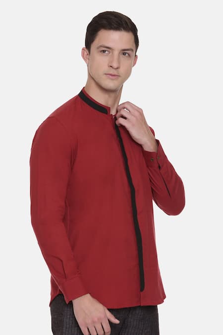 Mayank Modi - Men_Red 100% Cotton Cuff Sleeve Shirt_Online_at_Aza_Fashions
