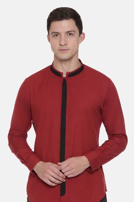 Buy_Mayank Modi - Men_Red 100% Cotton Cuff Sleeve Shirt_Online_at_Aza_Fashions