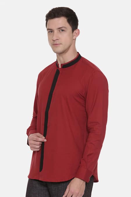 Shop_Mayank Modi - Men_Red 100% Cotton Cuff Sleeve Shirt_Online_at_Aza_Fashions