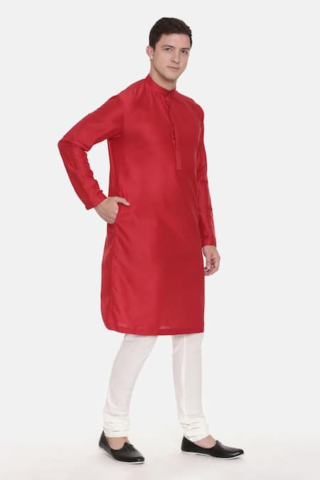 Mayank Modi - Men_Red Silk, Cotton Embroidery Mandarin Collar Kurta Set_Online_at_Aza_Fashions