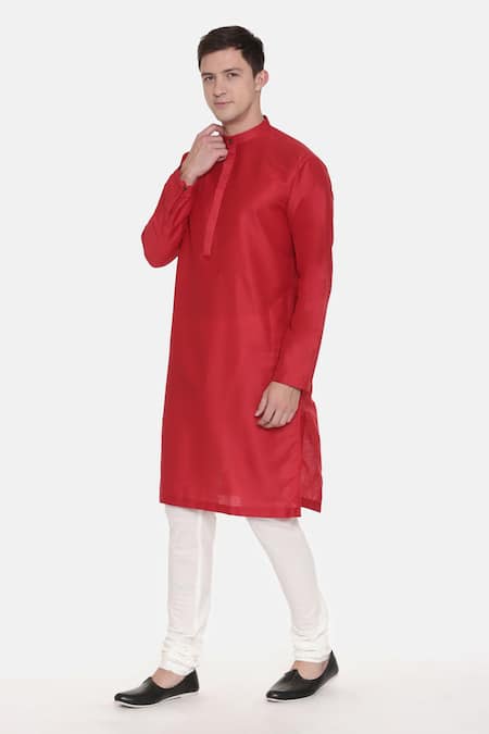 Buy_Mayank Modi - Men_Red Silk, Cotton Embroidery Mandarin Collar Kurta Set_Online_at_Aza_Fashions