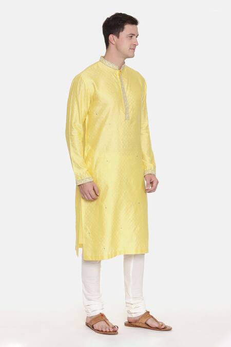 Mayank Modi - Men_Yellow Silk, Cotton Embroidery Geometric Kurta Set For Kids_Online_at_Aza_Fashions