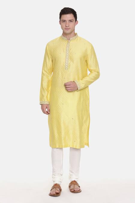 Buy_Mayank Modi - Men_Yellow Silk, Cotton Embroidery Geometric Kurta Set For Kids_Online_at_Aza_Fashions