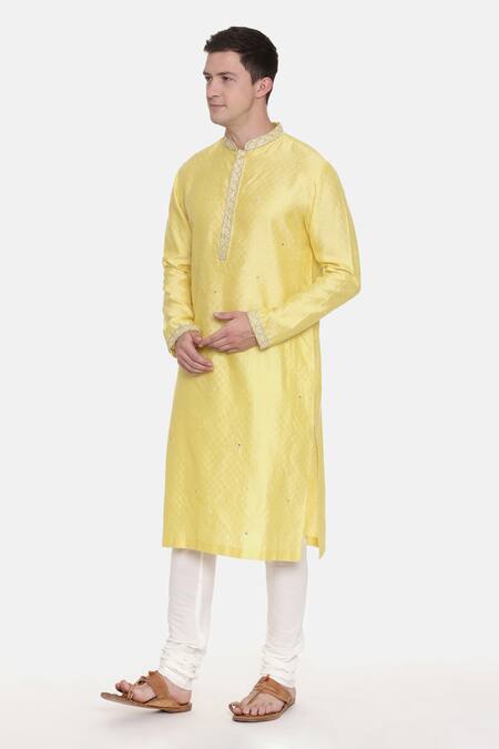 Shop_Mayank Modi - Men_Yellow Silk, Cotton Embroidery Geometric Kurta Set For Kids_Online_at_Aza_Fashions