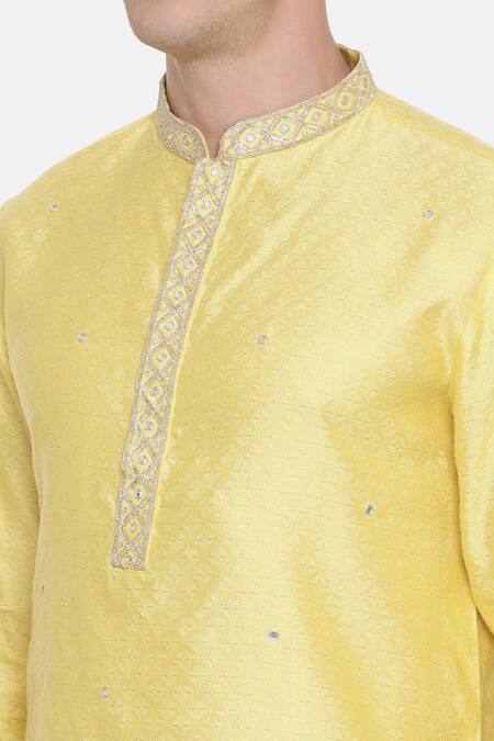 Mayank Modi - Men_Yellow Silk, Cotton Embroidery Geometric Kurta Set For Kids_at_Aza_Fashions