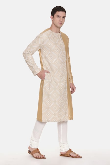 Mayank Modi - Men_Beige Silk Chanderi Geometric Embroidered Kurta Set_Online_at_Aza_Fashions