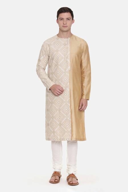 Buy_Mayank Modi - Men_Beige Silk Chanderi Geometric Embroidered Kurta Set_Online_at_Aza_Fashions