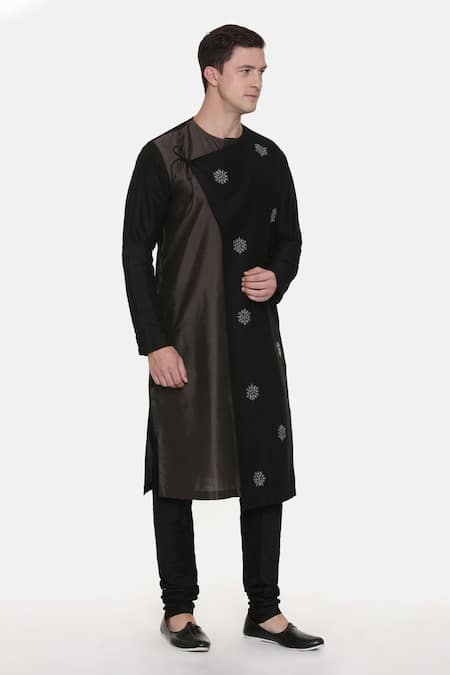 Mayank Modi - Men_Black Silk Cotton Floral Embroidered Kurta Set_Online_at_Aza_Fashions
