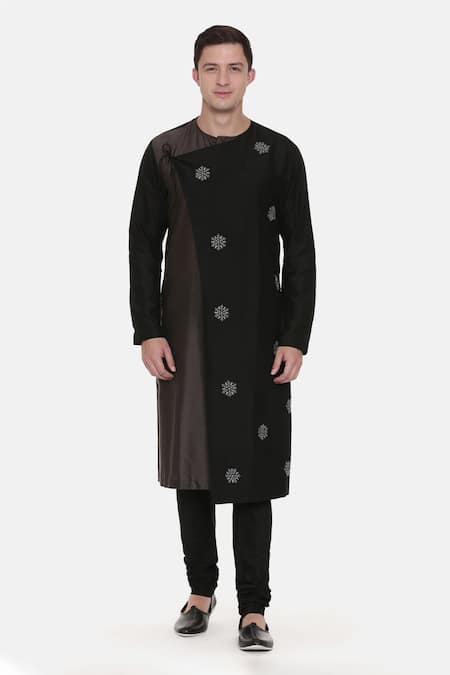 Buy_Mayank Modi - Men_Black Silk Cotton Floral Embroidered Kurta Set_Online_at_Aza_Fashions