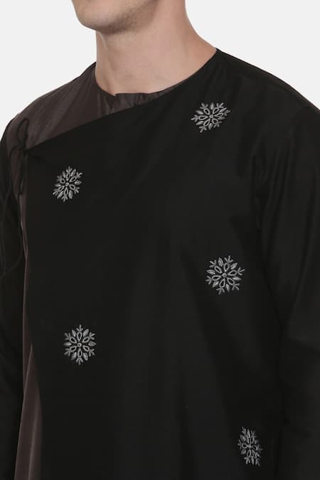 Shop_Mayank Modi - Men_Black Silk Cotton Floral Embroidered Kurta Set_Online_at_Aza_Fashions