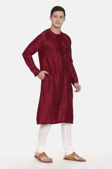 Mayank Modi - Men Maroon Silk, Cotton Embroidery Floral Kurta Set Online at Aza Fashions Mayank Modi - Men_Maroon Silk, Cotton Embroidery Floral Kurta Set_Online_at_Aza_Fashions