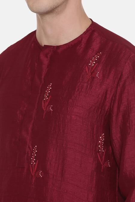 Shop Mayank Modi - Men Maroon Silk, Cotton Embroidery Floral Kurta Set Online at Aza Fashions Shop_Mayank Modi - Men_Maroon Silk, Cotton Embroidery Floral Kurta Set_Online_at_Aza_Fashions