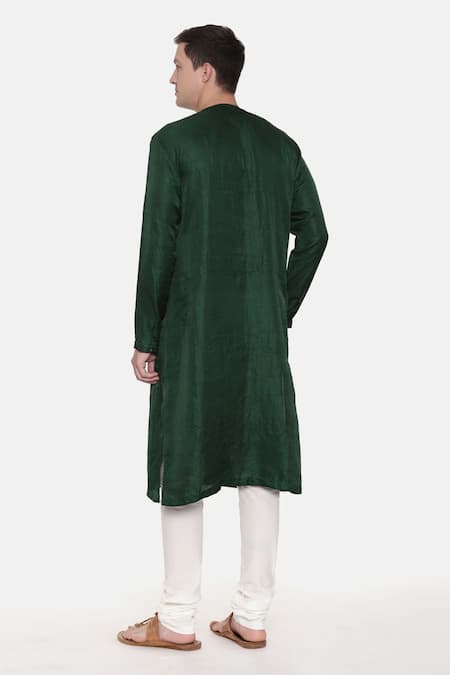 Shop_Mayank Modi - Men_Green Silk Cotton Chanderi Embroidered Overlap Kurta Set _at_Aza_Fashions