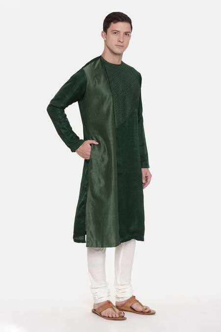 Mayank Modi - Men_Green Silk Cotton Chanderi Embroidered Overlap Kurta Set _Online_at_Aza_Fashions