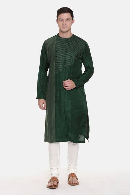 Buy_Mayank Modi - Men_Green Silk Cotton Chanderi Embroidered Overlap Kurta Set _Online_at_Aza_Fashions