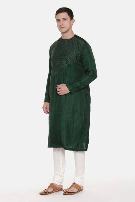 Shop_Mayank Modi - Men_Green Silk Cotton Chanderi Embroidered Overlap Kurta Set _Online_at_Aza_Fashions