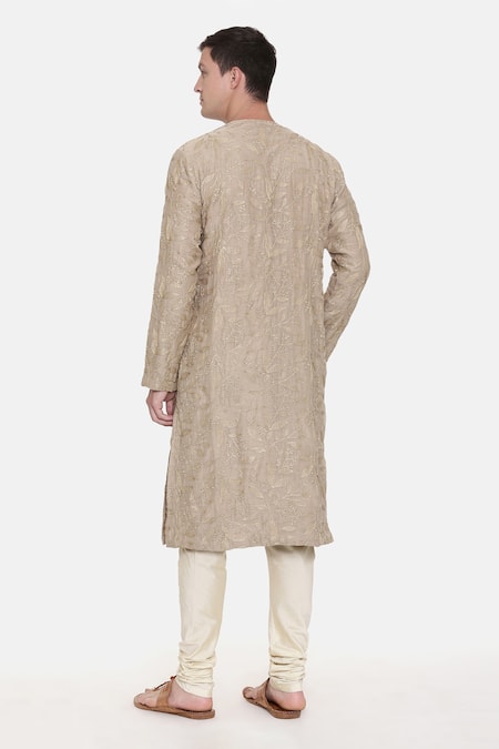Shop Mayank Modi - Men Brown Chanderi Silk Floral Embroidered Kurta Set at Aza Fashions Shop_Mayank Modi - Men_Brown Chanderi Silk Floral Embroidered Kurta Set_at_Aza_Fashions