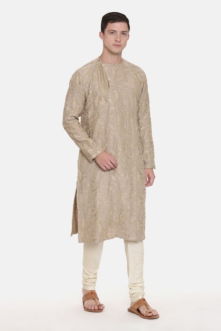 Mayank Modi - Men Brown Chanderi Silk Floral Embroidered Kurta Set Online at Aza Fashions Mayank Modi - Men_Brown Chanderi Silk Floral Embroidered Kurta Set_Online_at_Aza_Fashions