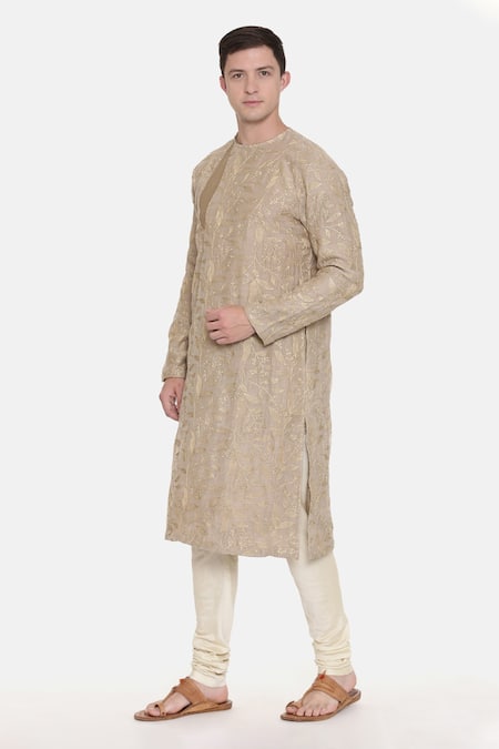 Shop Mayank Modi - Men Brown Chanderi Silk Floral Embroidered Kurta Set Online at Aza Fashions Shop_Mayank Modi - Men_Brown Chanderi Silk Floral Embroidered Kurta Set_Online_at_Aza_Fashions