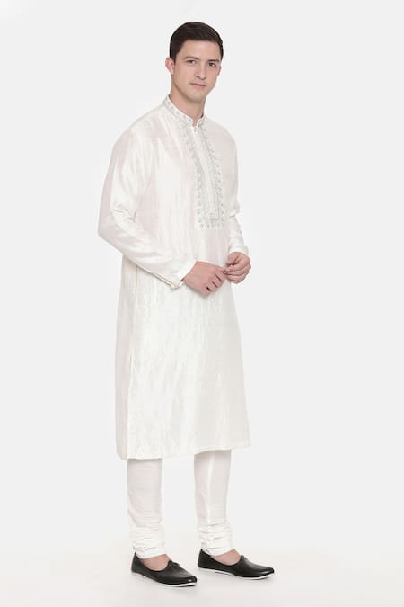 Mayank Modi - Men White Silk Cotton Slub Floral Full Sleeve Kurta Set Online at Aza Fashions Mayank Modi - Men_White Silk Cotton Slub Floral Full Sleeve Kurta Set_Online_at_Aza_Fashions