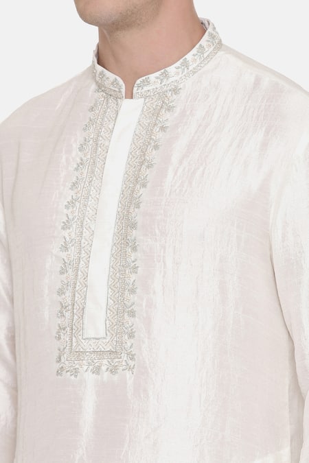 Shop Mayank Modi - Men White Silk Cotton Slub Floral Full Sleeve Kurta Set Online at Aza Fashions Shop_Mayank Modi - Men_White Silk Cotton Slub Floral Full Sleeve Kurta Set_Online_at_Aza_Fashions