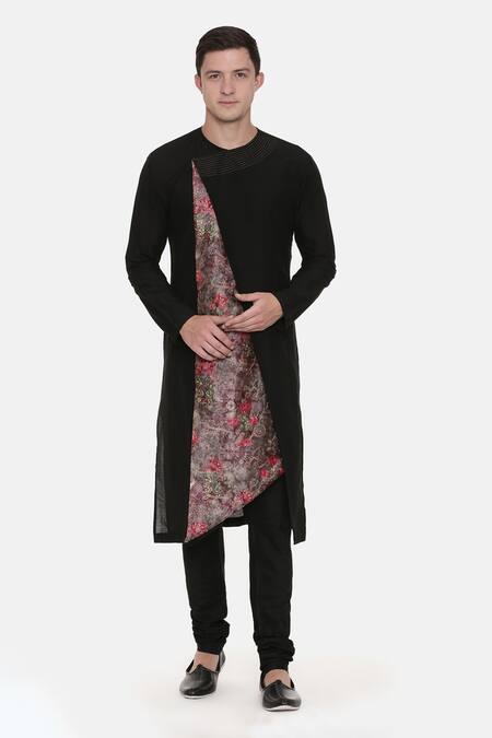 Mayank Modi - Men Black Silk Cotton Chanderi Printed Floral Asymmetric Kurta Set 