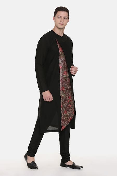 Mayank Modi - Men_Black Silk Cotton Chanderi Floral Asymmetric Printed Kurta Set_Online_at_Aza_Fashions