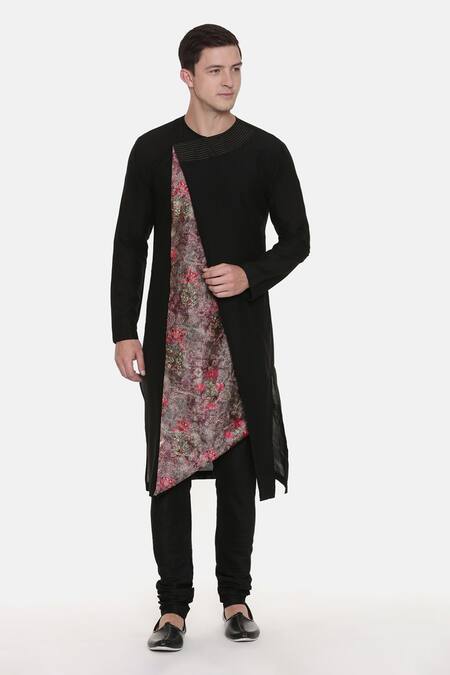 Buy_Mayank Modi - Men_Black Silk Cotton Chanderi Floral Asymmetric Printed Kurta Set_Online_at_Aza_Fashions