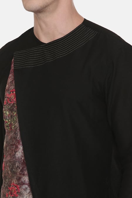 Shop_Mayank Modi - Men_Black Silk Cotton Chanderi Floral Asymmetric Printed Kurta Set_Online_at_Aza_Fashions