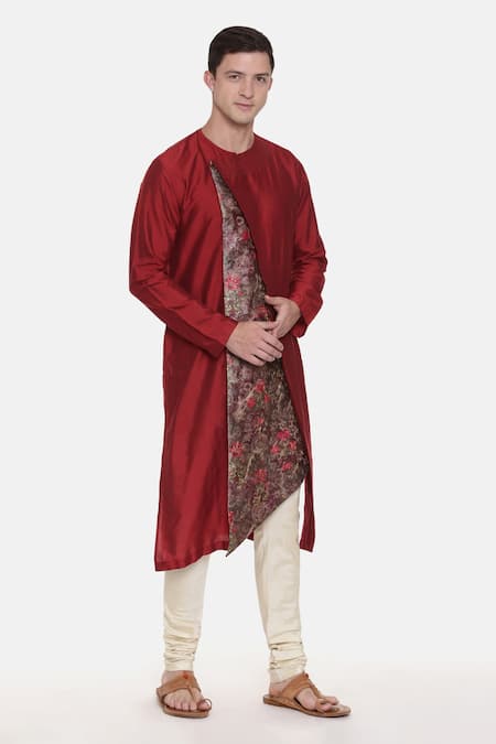 Mayank Modi - Men_Maroon Silk Cotton Chanderi Floral Asymmetric Printed Kurta Set _Online_at_Aza_Fashions