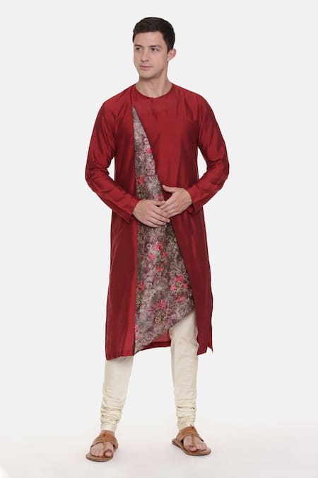 Buy_Mayank Modi - Men_Maroon Silk Cotton Chanderi Floral Asymmetric Printed Kurta Set _Online_at_Aza_Fashions
