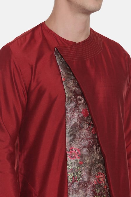 Shop_Mayank Modi - Men_Maroon Silk Cotton Chanderi Floral Asymmetric Printed Kurta Set _Online_at_Aza_Fashions