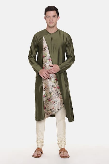 Mayank Modi - Men Green Silk Cotton Chanderi Printed Floral Asymmetric Kurta Set 