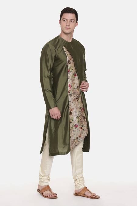 Mayank Modi - Men_Green , Cotton, Organza Embroidery Asymmetric Printed Kurta Set For Kids_Online_at_Aza_Fashions