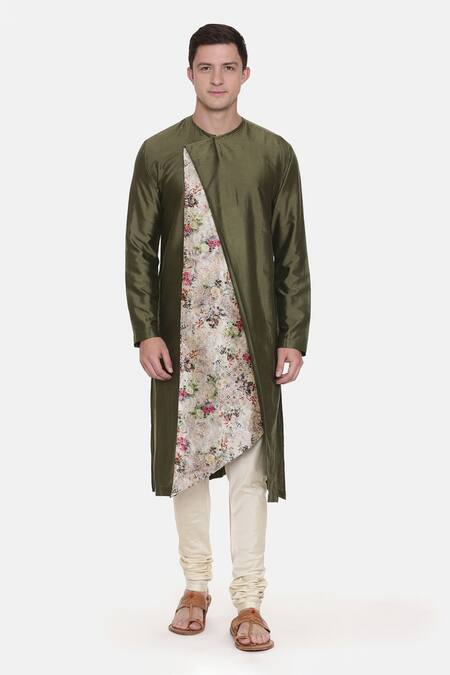Buy_Mayank Modi - Men_Green , Cotton, Organza Embroidery Asymmetric Printed Kurta Set For Kids_Online_at_Aza_Fashions