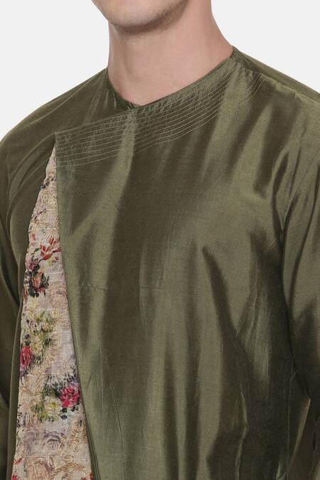 Shop_Mayank Modi - Men_Green , Cotton, Organza Embroidery Asymmetric Printed Kurta Set For Kids_Online_at_Aza_Fashions
