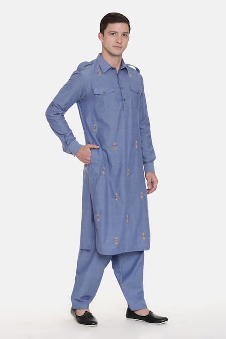 Mayank Modi - Men_Blue 100% Cotton Geometric Embroidered Pathani Kurta Set_Online_at_Aza_Fashions