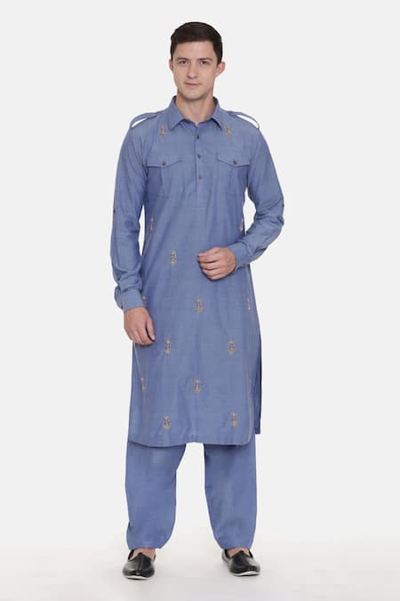 Buy_Mayank Modi - Men_Blue 100% Cotton Geometric Embroidered Pathani Kurta Set_Online_at_Aza_Fashions
